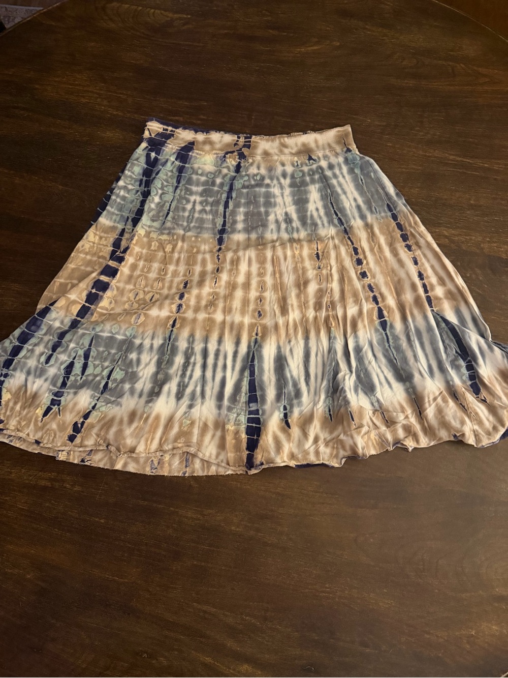 Tryst by Mathew Tie Dye Midi Skirt XL Navy Blue Tan Shibori Boho Elastic Waist